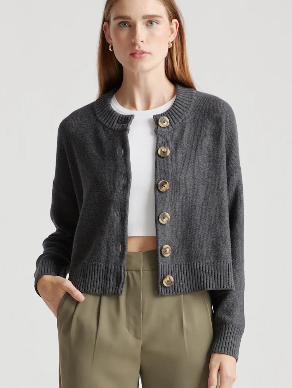 QUINCE 100% Organic Cotton Boxy Cropped Oversized Cardigan Women's M Chunky
